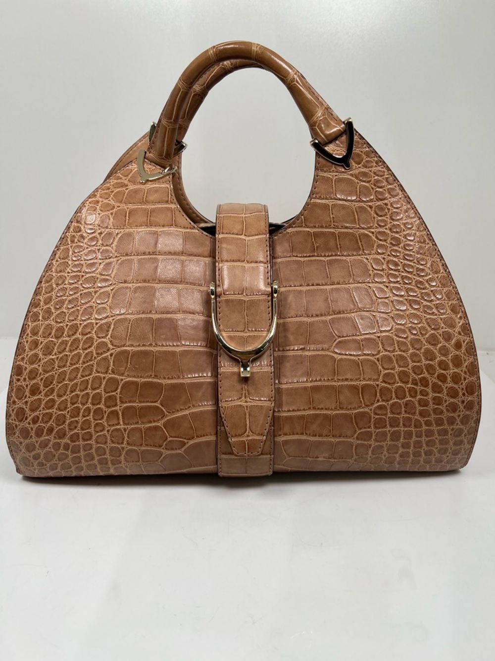 Gucci Firenze 1921 Stirrup Croc Embossed Leather Top Handle Satchel Beige